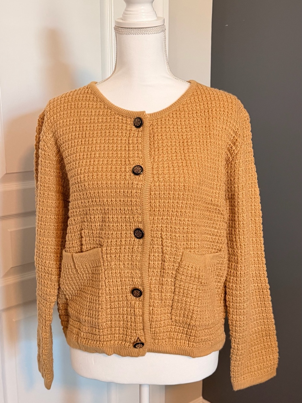 Women's Waffle Knit Button Cardigan - Mustard